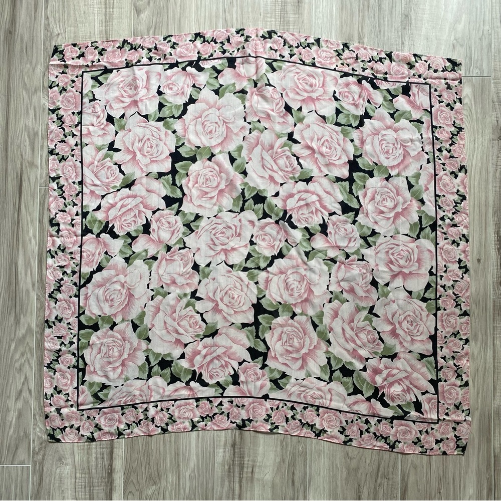 Vintage Ginnie Johansen large square scarf black pink roses floral rolled edges